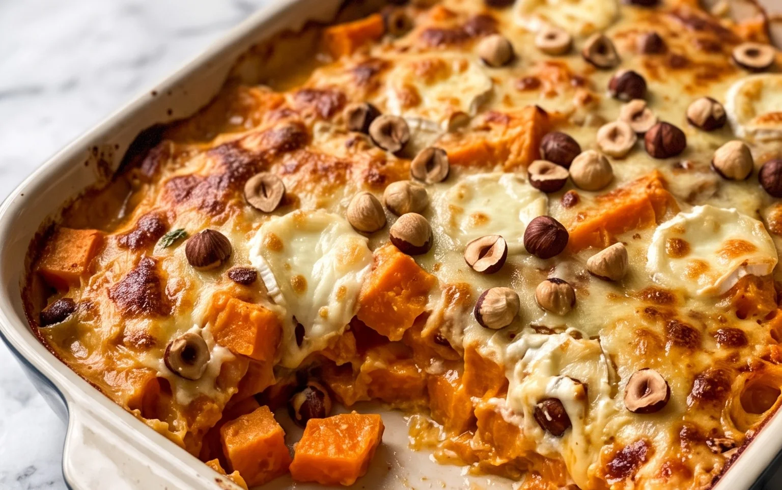 Gratin de patates douces au chèvre et noisettes